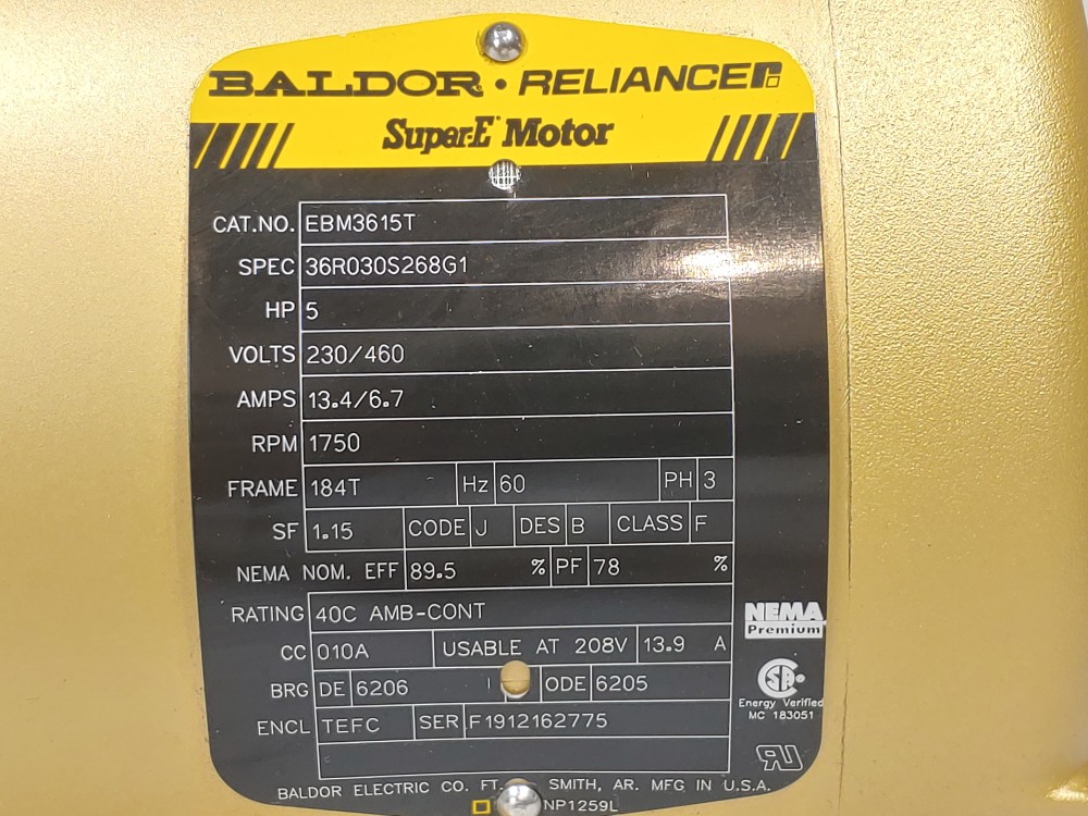 Stearns Brake  w/ Baldor Reliance 5 HP Electric Motor 1750 RPM Cat#: EBM3615T