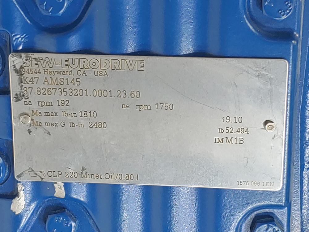 Sew-Eurodrive Gearbox 1750 RPM, Type K47 AMS145