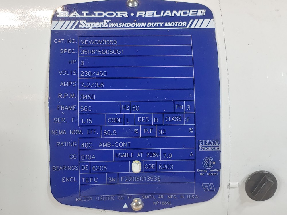 Baldor 3HP 3450 RPM Electric Motor Frame:56C Cat#: VEWDM3559
