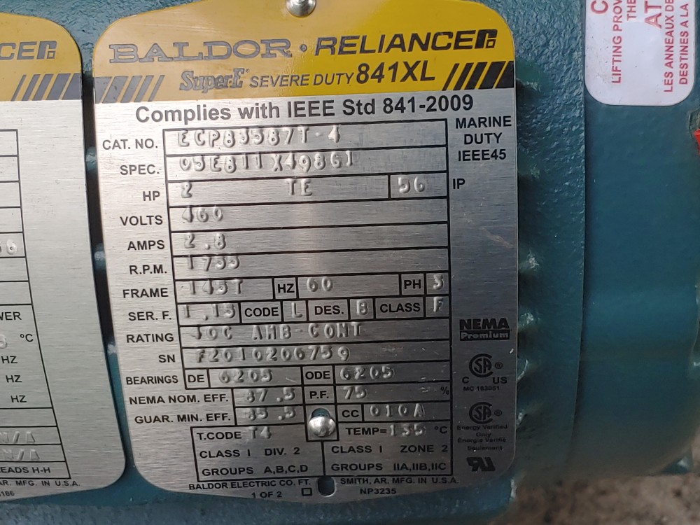 Baldor Reliance 2HP Severe-E Washdown Duty Motor 1750 RPMS ECP83587T-4