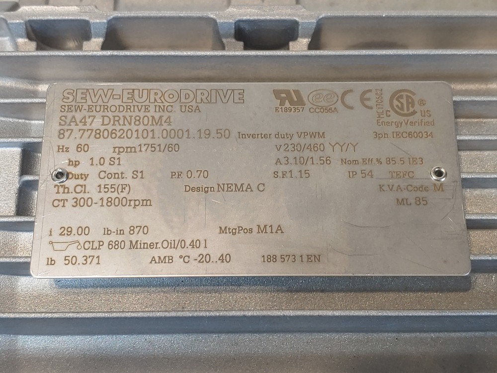 Sew-Eurodrive Helical Worm Gearmotor, 1751 RPM, Type SA47 DRN80M4