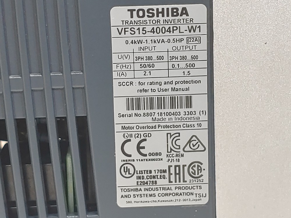 Toshiba Transistor Inverter 3HP Model#: VFS15-4004PL-W1