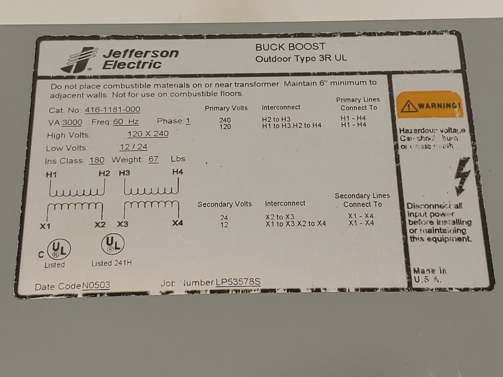 Jefferson Electric Buck Boost Outdoor Transformer Type 3R UL 416-1181-000