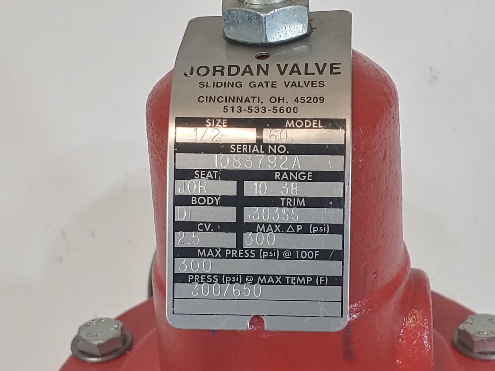 Jordan Valve 1/2" Model 60 Range10-38 Sliding Gate Valve 300 PSI