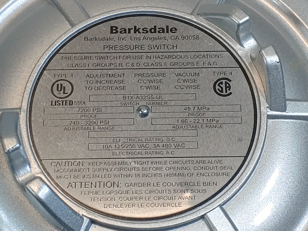 Barksdale B1X Explosion-Proof Diaphragm Pressure Switch B1X-A32SS-UL Type 4