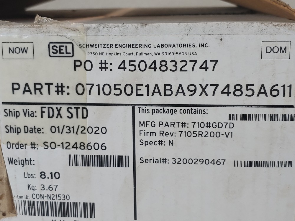 SEL-710-5 Motor Protection Relay P/N: 071050E1ABA9X7485A611