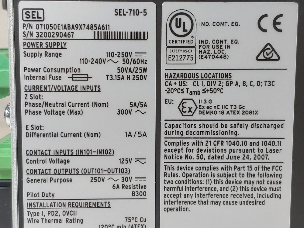 SEL-710-5 Motor Protection Relay P/N: 071050E1ABA9X7485A611
