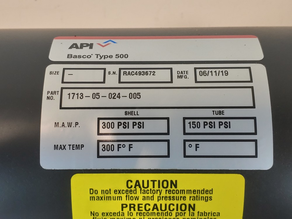 API BASCO 500 Shell and Tube Heat Exchanger PN#: 1713-05-024-005
