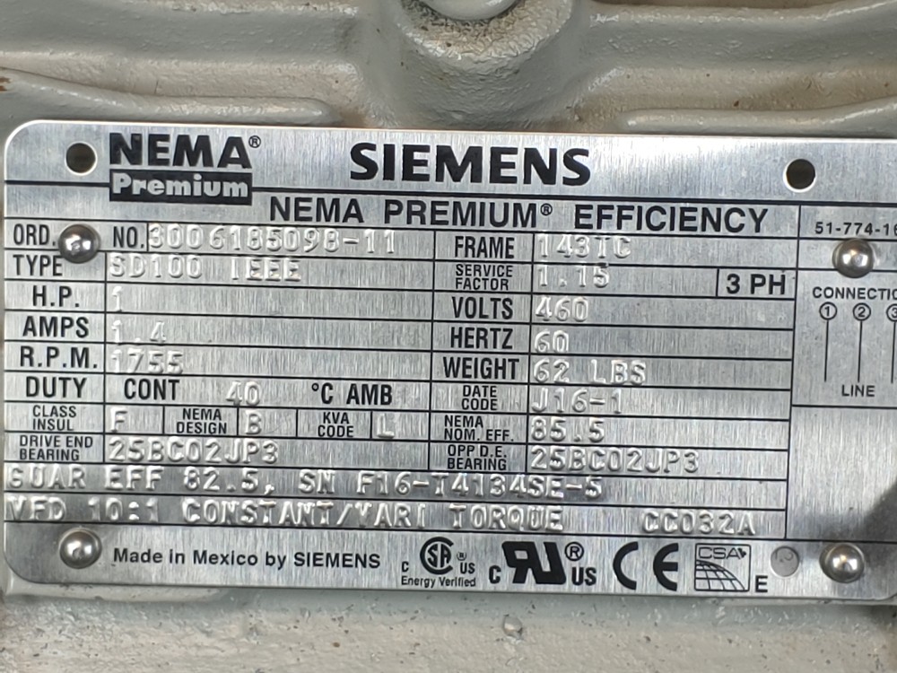Siemens Type SD100 NEMA Premium Efficiency Motor SD-100 IEEE, 1HP, 1755RPM