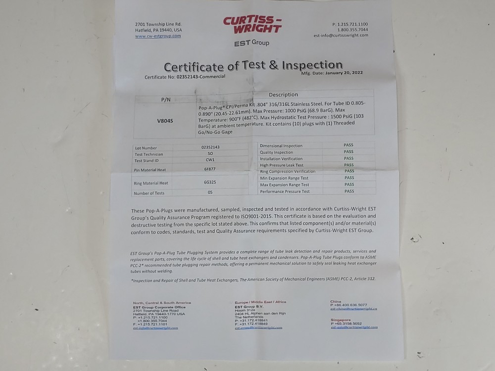 Curtiss-Wright V-804-S Pop-A-Plug Tube Plugging System CPI/Perma Kit