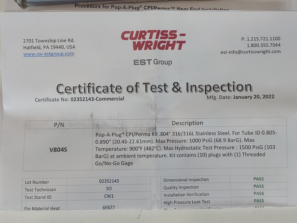 Curtiss-Wright V-804-S Pop-A-Plug Tube Plugging System CPI/Perma Kit