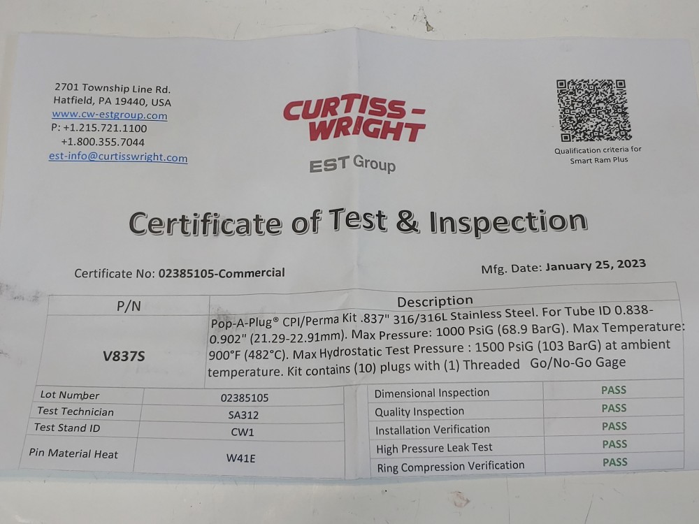 Curtiss-Wright V-837-S Pop-A-Plug Tube Plugging System CPI/Perma Kit