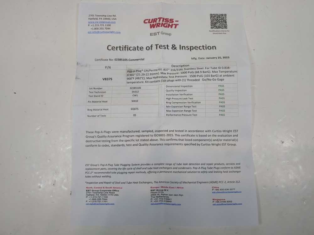 Curtiss-Wright V-837-S Pop-A-Plug Tube Plugging System CPI/Perma Kit