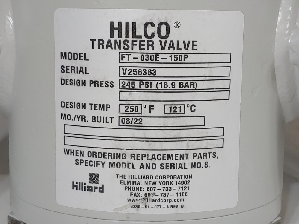 Hillard Hilco 3" 150# 3-Way Split Transfer Valve FT-030E-150P/Serial#: V256363