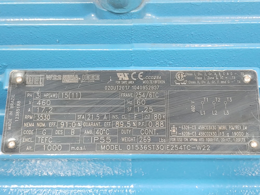 WEG Severe Duty 15HP 3 Phase Electric Motor Model 01536ST3QIE254TC-W22