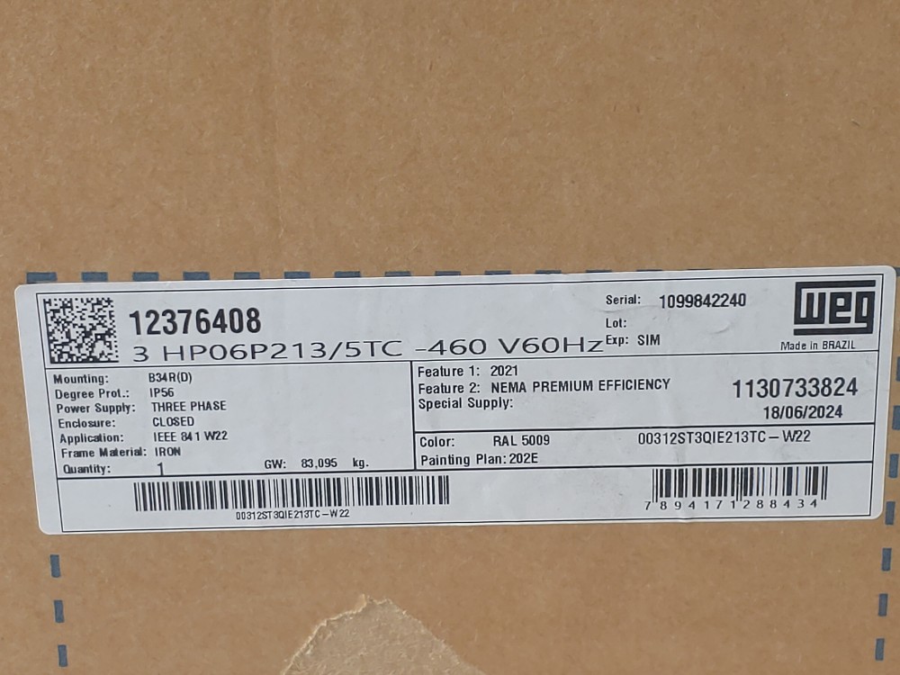 WEG 3.0HP 1175RPM Severe Duty Motor Model#: 00312ST3QIE213TC-W22