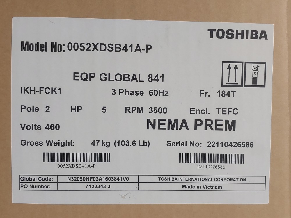 Toshiba 5HP 3500 RPM EQP Global Electric Motor 0052XDSB41A-P