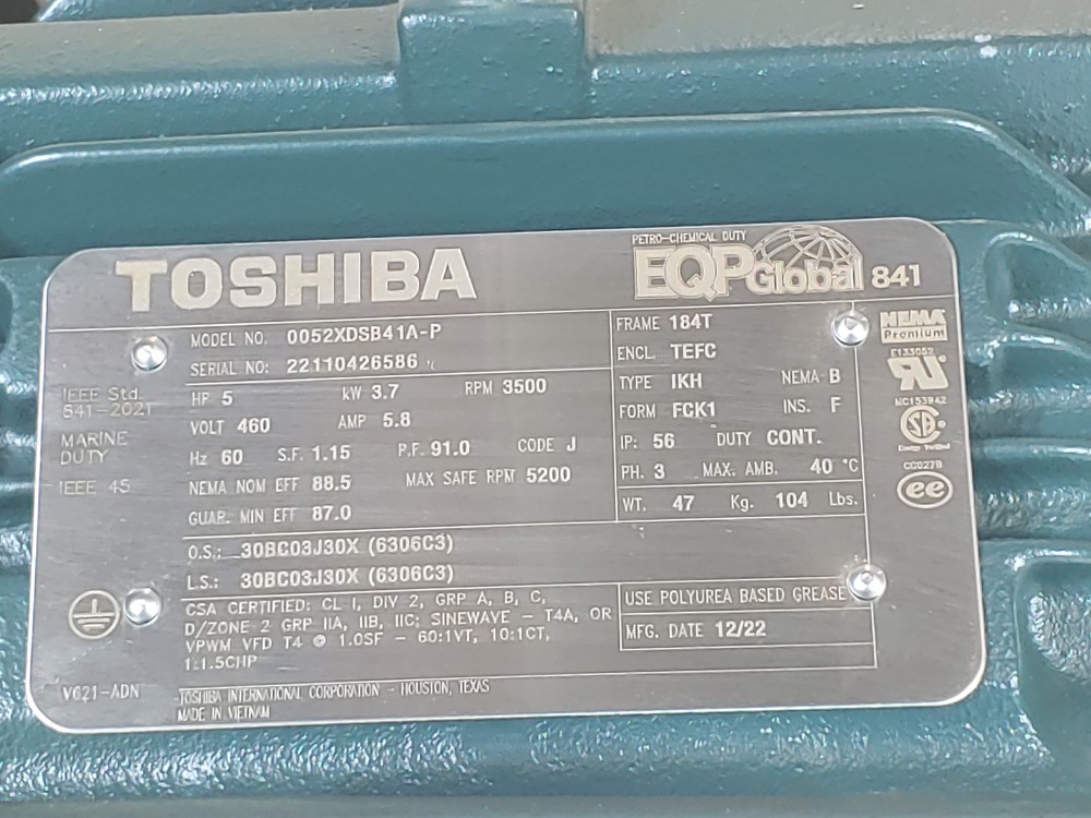Toshiba 5HP 3500 RPM EQP Global Electric Motor 0052XDSB41A-P