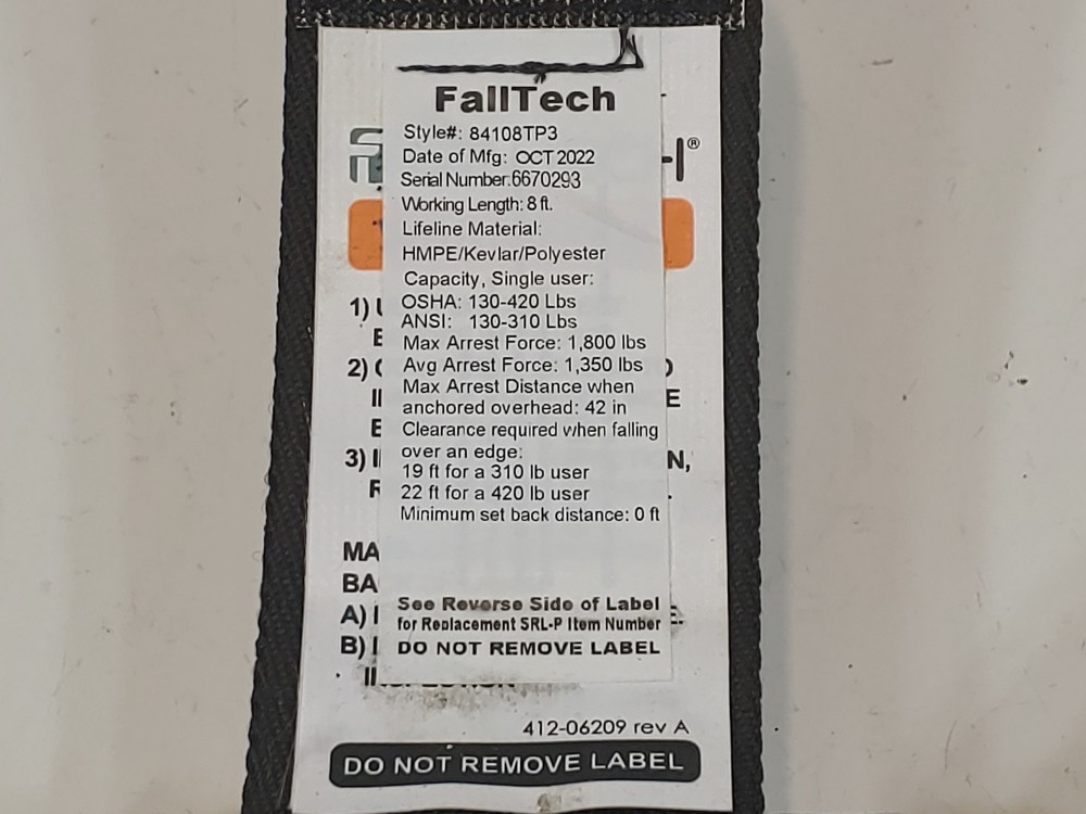 FallTech 84108TP3 FT-X Lifeline EdgeCore Leading Edge 8' Personal SRL 