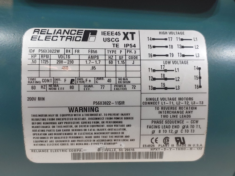 Reliance Electric P56X3822W 1/2HP, 1725 RPM, 208-230/460V Electric Motor