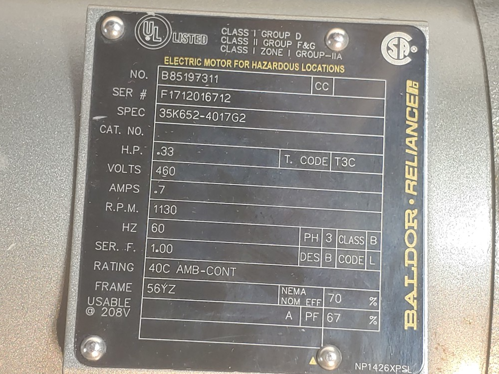 Baldor Kason Seperator .33HP 1130RPM Electric Motor 35K652-4017G2