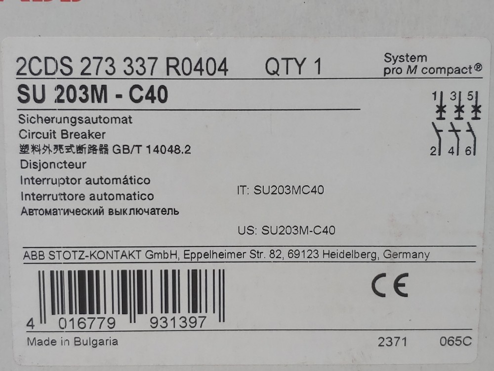 ABB 40A 3-Pole Miniature Circuit Breaker Type SU 203M-C40
