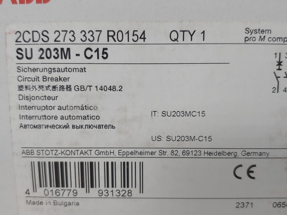 ABB 15 Amp 3-Pole Miniature Circuit Breaker Type SU 203M-C15