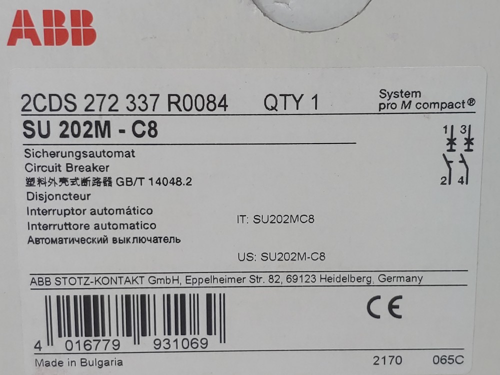 ABB 8 Amp 2-Pole Miniature Circuit Breaker Type SU 202M-C8