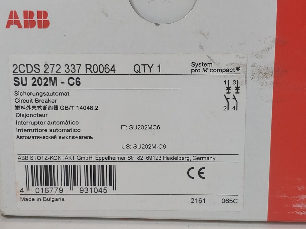 ABB 6 Amp 2-Pole Miniature Circuit Breaker Type SU 202M-C6