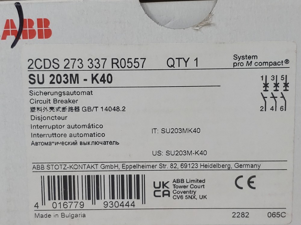 ABB 40A 3-Pole Miniature Circuit Breaker Type SU 203M-K40