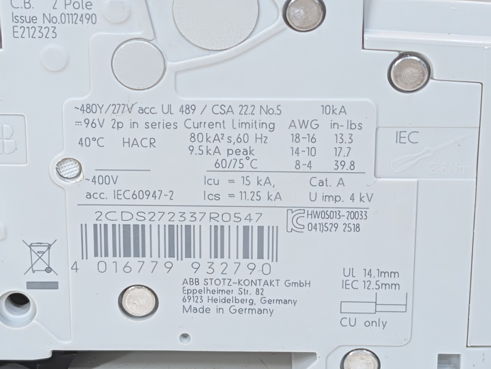 ABB 35 Amp 2-Pole Miniature Circuit Breaker Type SU 202M-K35