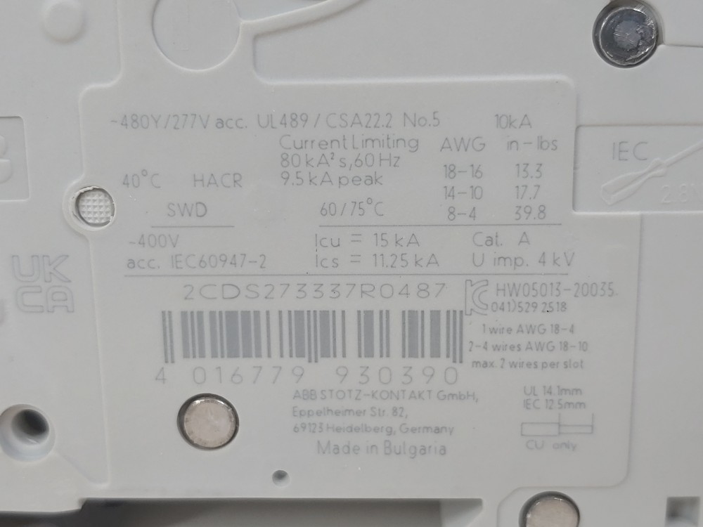 ABB 20 Amp 3-Pole Miniature Circuit Breaker Type SU 203M-K20
