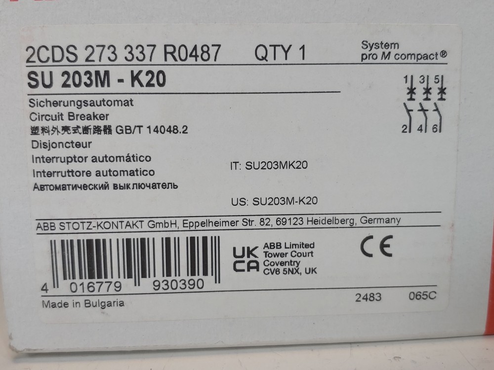 ABB 20 Amp 3-Pole Miniature Circuit Breaker Type SU 203M-K20