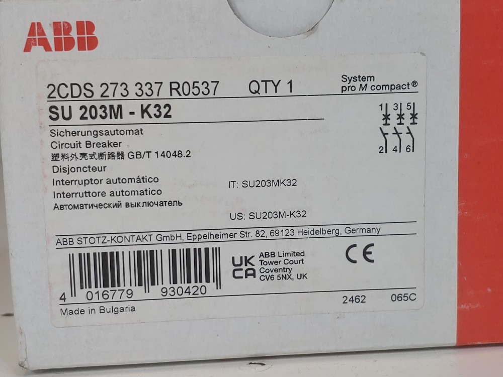ABB 32 Amp 3-Pole Miniature Circuit Breaker Type SU 203M-K32