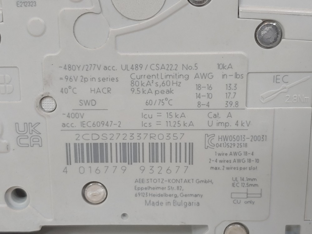 ABB 5 Amp 2-Pole Miniature Circuit Breaker Type SU 202M-K5