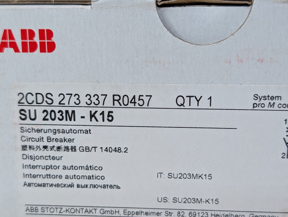 ABB 15 Amp 3-Pole Miniature Circuit Breaker Type SU 203M-K15