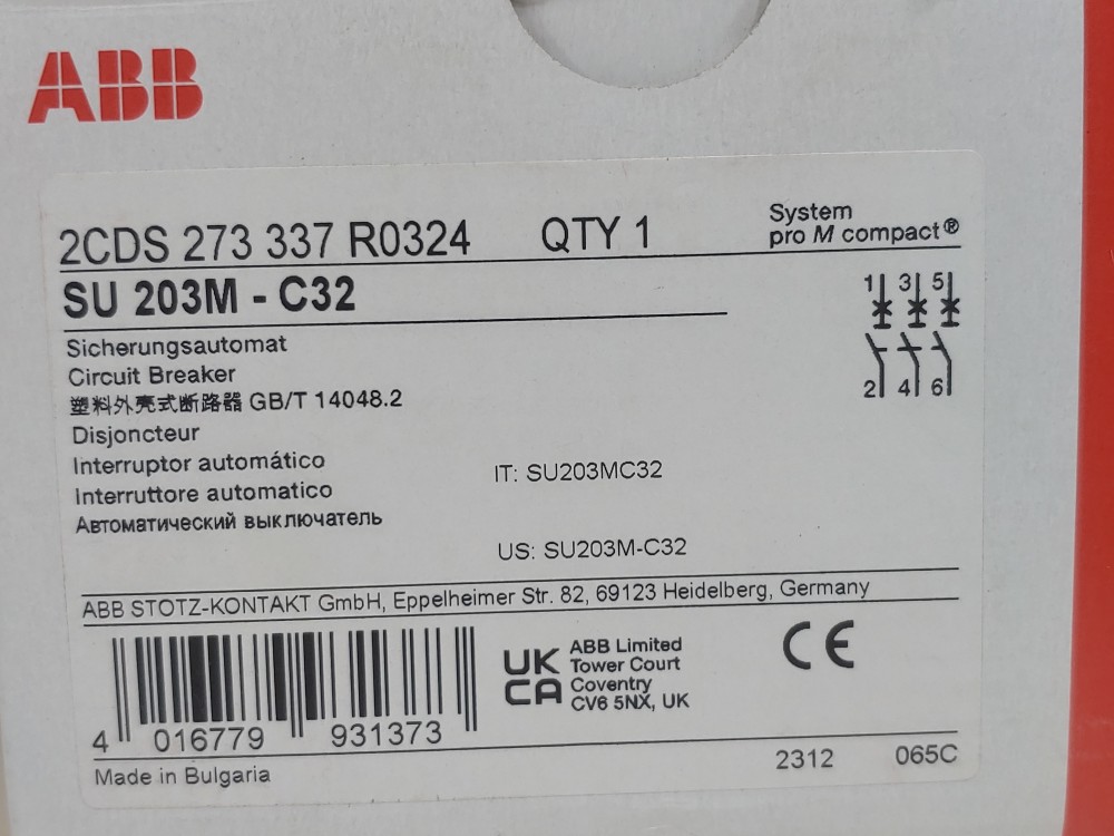 ABB 32 Amp 3-Pole Miniature Circuit Breaker Type SU 203M-C32