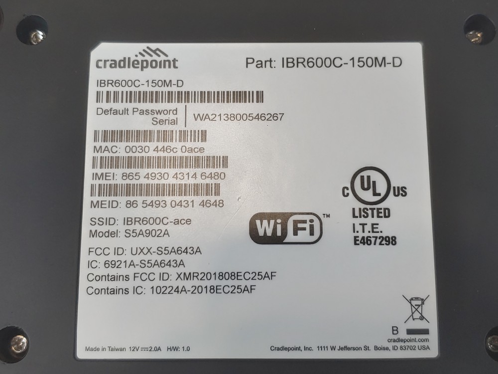 Cradlepoint IBR600C Cat 4 Router Part Number IBR600C-150M-D