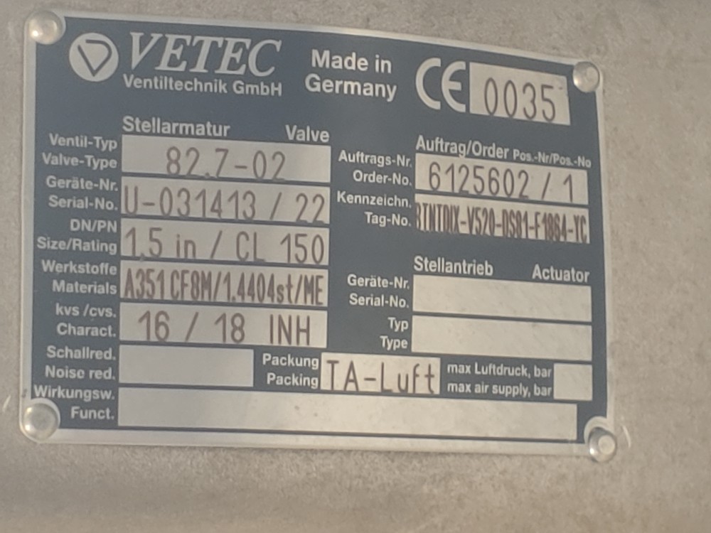 VETEC 1-1/2" 150#  Air Torque PT550U Actuated Valve CF8M w/ Samson Positioner