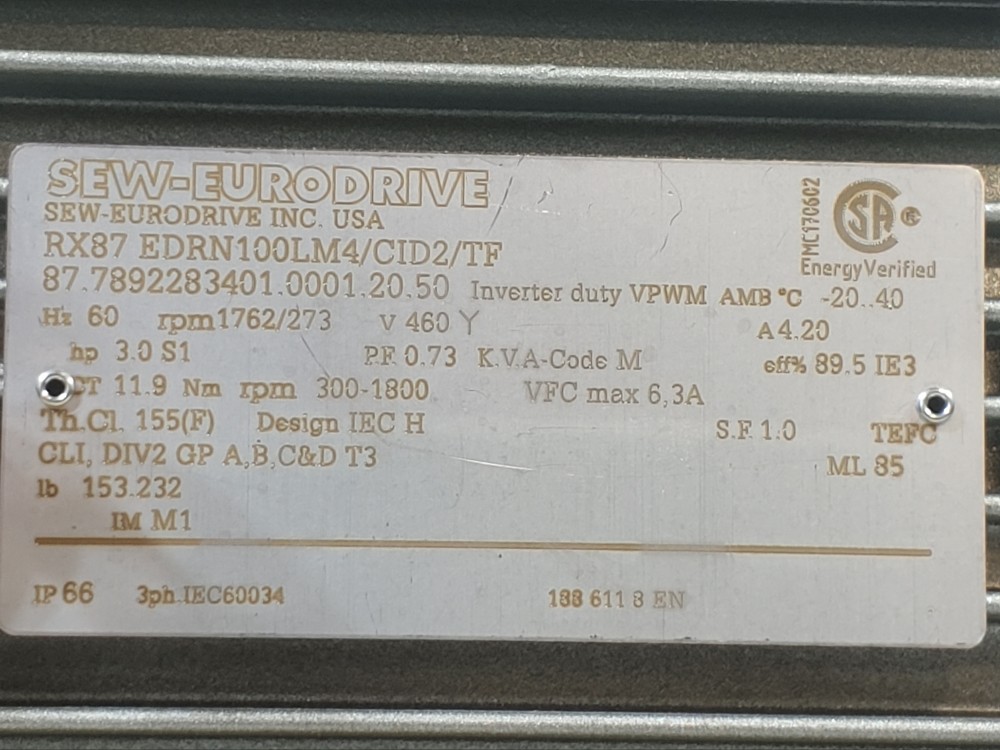Sew Eurodrive Gearbox Type: RX87 EDRN100LM4/CID2/TF w/ 3.0 S1HP Motor