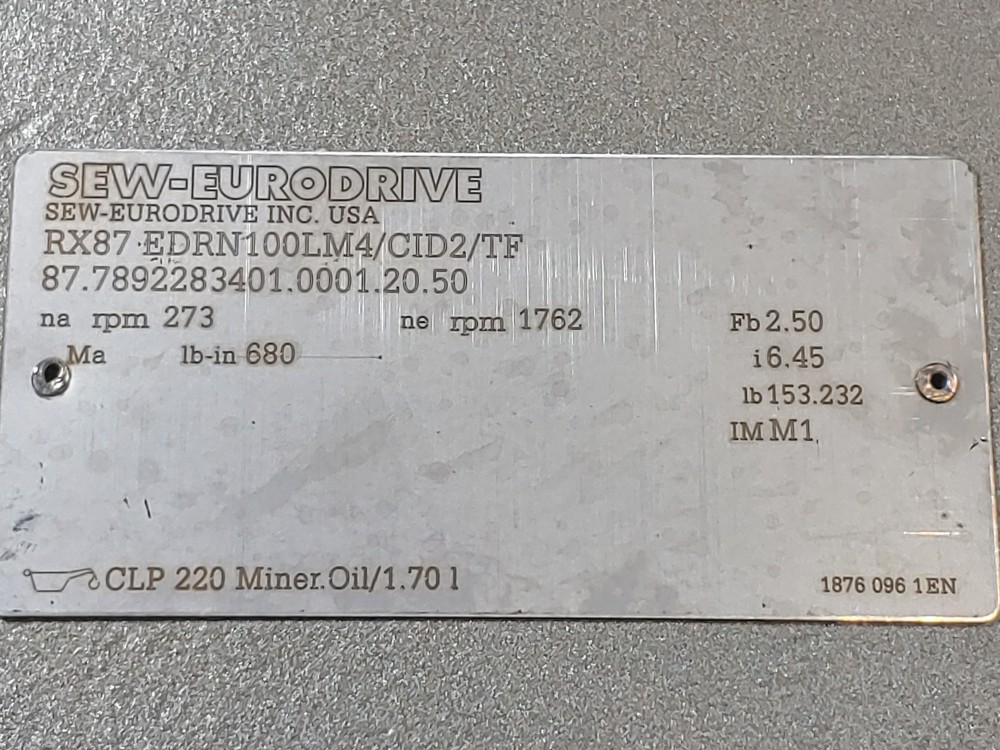 Sew Eurodrive Gearbox Type: RX87 EDRN100LM4/CID2/TF w/ 3.0 S1HP Motor