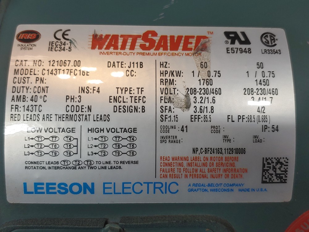 Leeson 121067.00 1HP 1760 RPM  Premium Motor C143T17FC16E