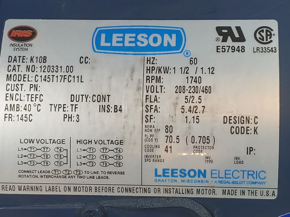 Leeson 120331.00 1.5HP 17240 RPM Brake Motor C145T17FC11L