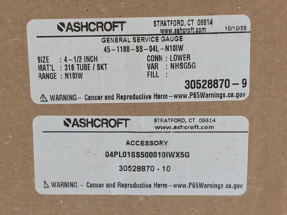 Ashcroft Pressure Gauge w/ Diaphragm Seal 45-1188-SS-04L-N10IW -10 to 0 in H2O