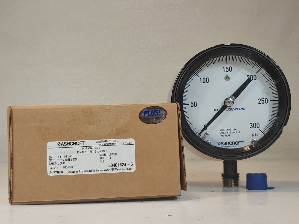 Ashcroft Duraguage 0-300psi 4.5" Dial 1/2" NPT 45-1279-SS-04L-300# 