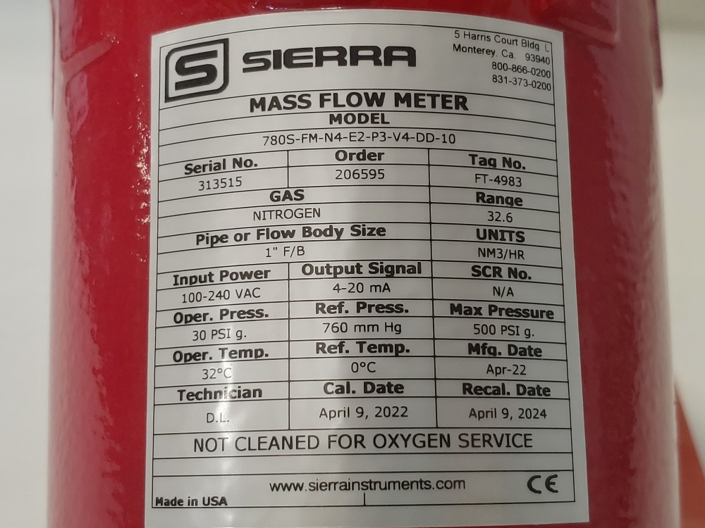 Sierra Mass Flow Meter 780S-FM-N4-E2-P3-V4-DD-10