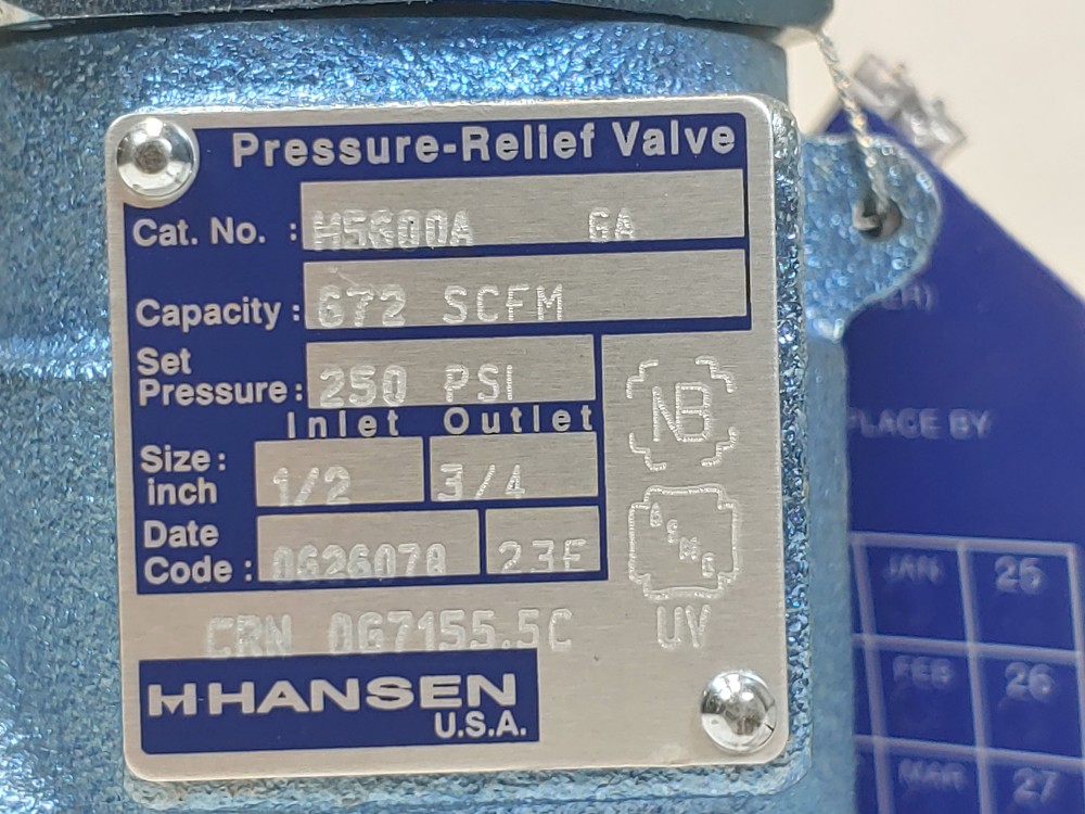 Hansen Refrigerant  H5600A/250-P Pressure Relief Valve w/POP-EYE 