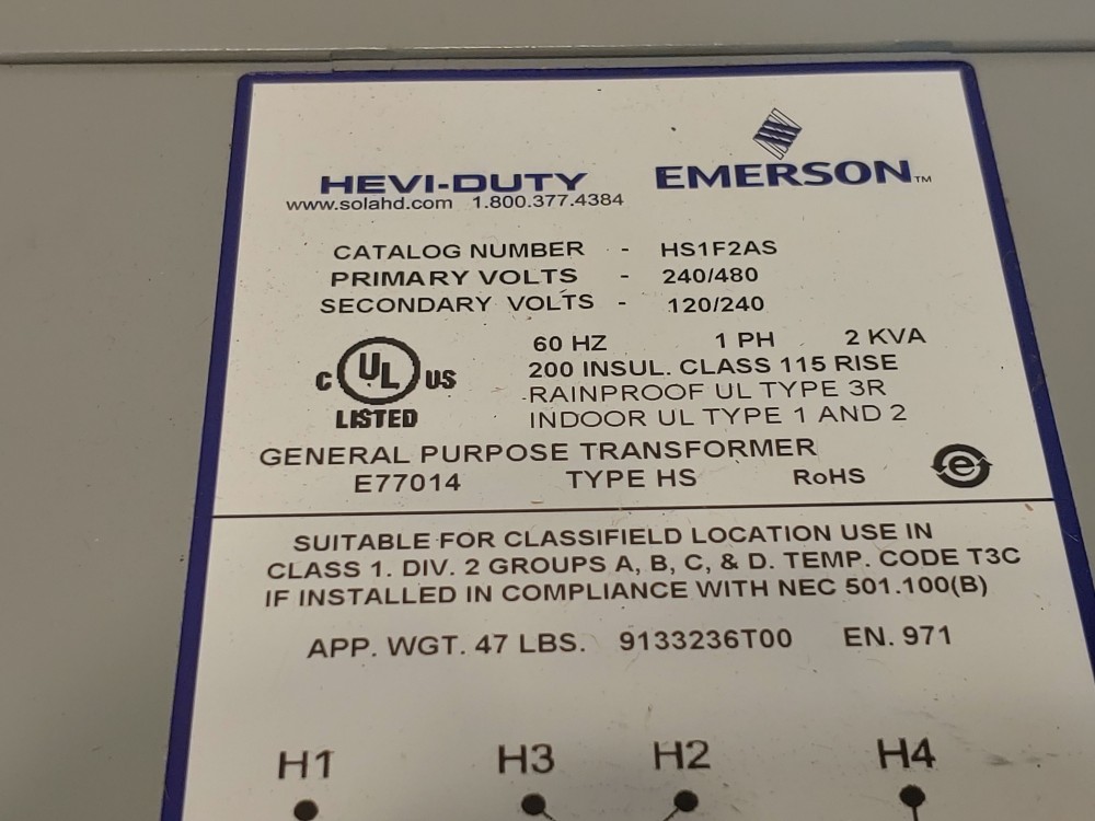 Emerson Heavy Duty General Purpose Transformer Cat#: HS1F2AS Type HS