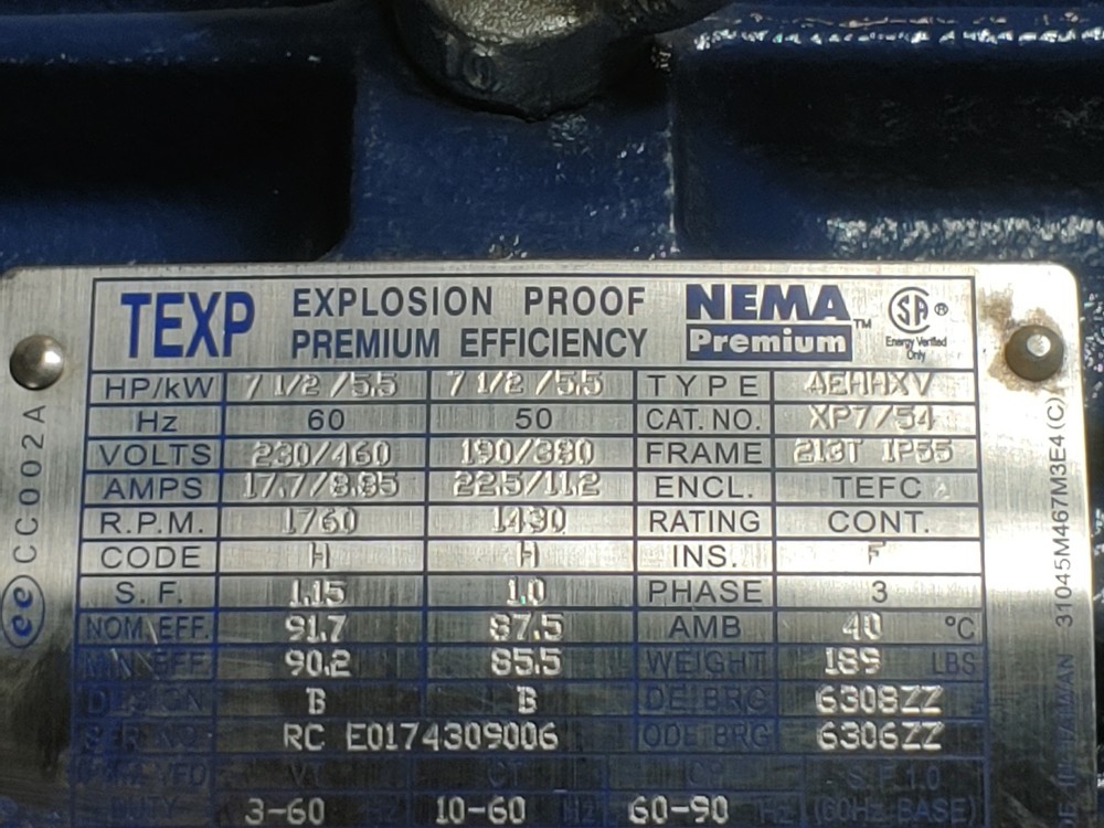 TECO Westinghouse 7.5, 3Ph Electric Motor 3470 RPM, Cat #XP7/54, Type AEHHXV