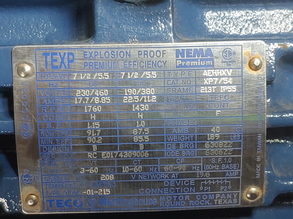 TECO Westinghouse 7.5, 3Ph Electric Motor 3470 RPM, Cat #XP7/54, Type AEHHXV